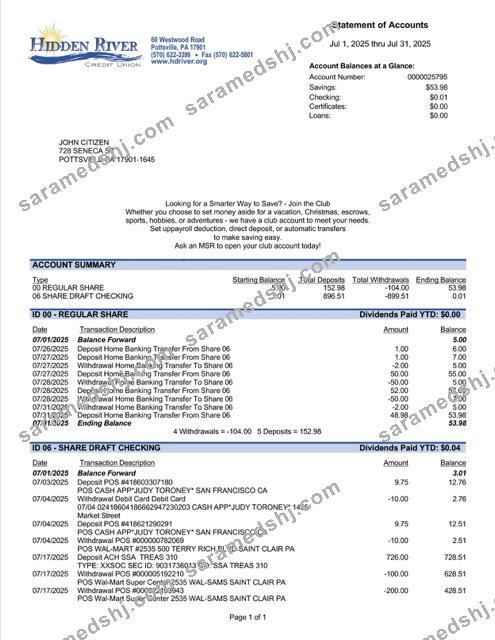 USA Pennsylvania Hidden River Credit Union statement of account Word and PDF template